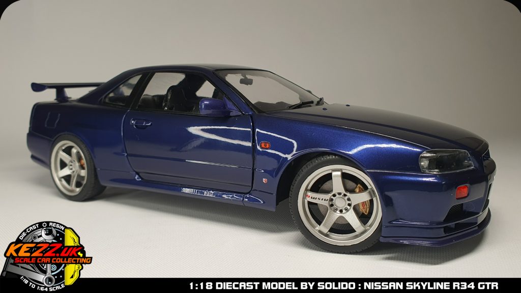 Side shot of the Purple Nissan Sklyine R34, showing off the great stance of the model